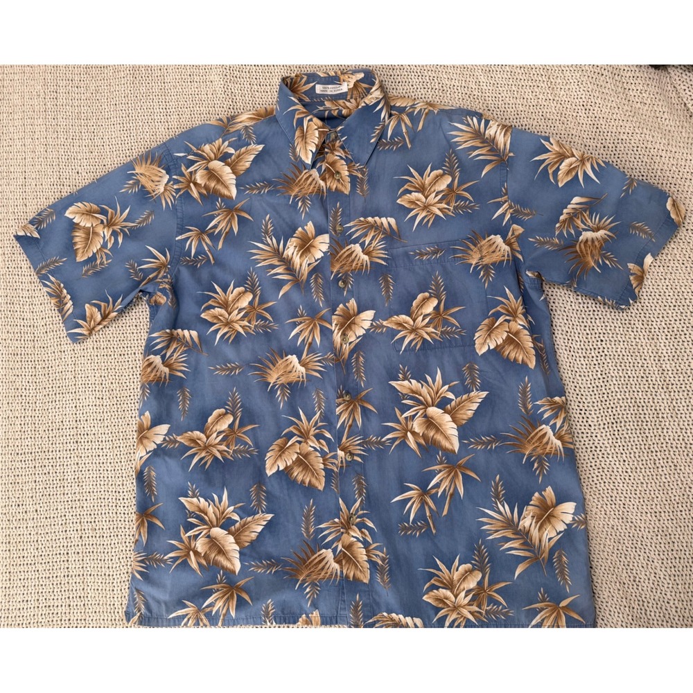 Pierre Cardin Mens Blue Tropical Palm Leaf Print Cotton Button Down Shirt LT